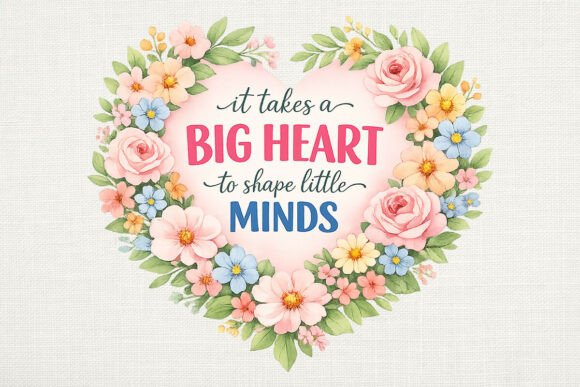 Big Heart Floral Teacher Quote PNG for Designers