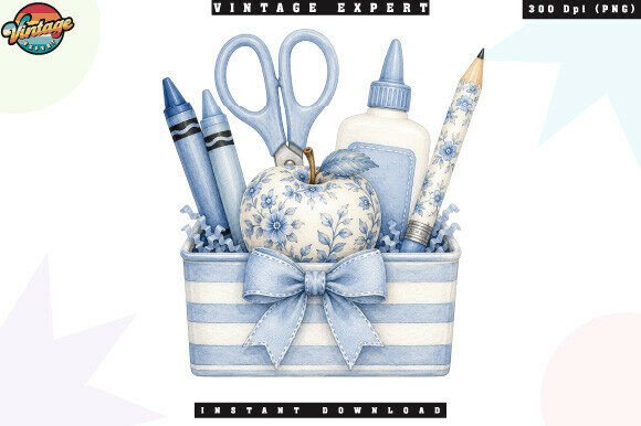 Blue Floral School Supplies PNG: Cottagecore Art for Creators