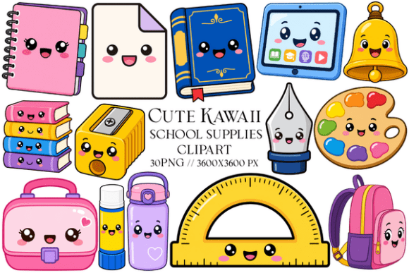 Cute Kawaii School Supplies Clipart