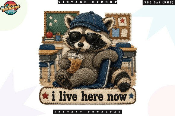I Live Here Now Raccoon Patchwork PNG