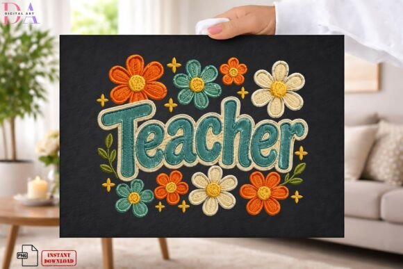 Teacher Floral Retro Embroidery PNG: A Stylish Digital Asset for Educators